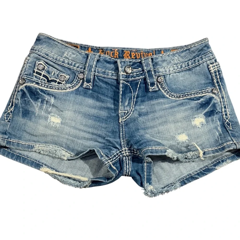 Rock Revival Y2K Low rise Kai Jean shorts sz 26 bling flap pockets frayed hem